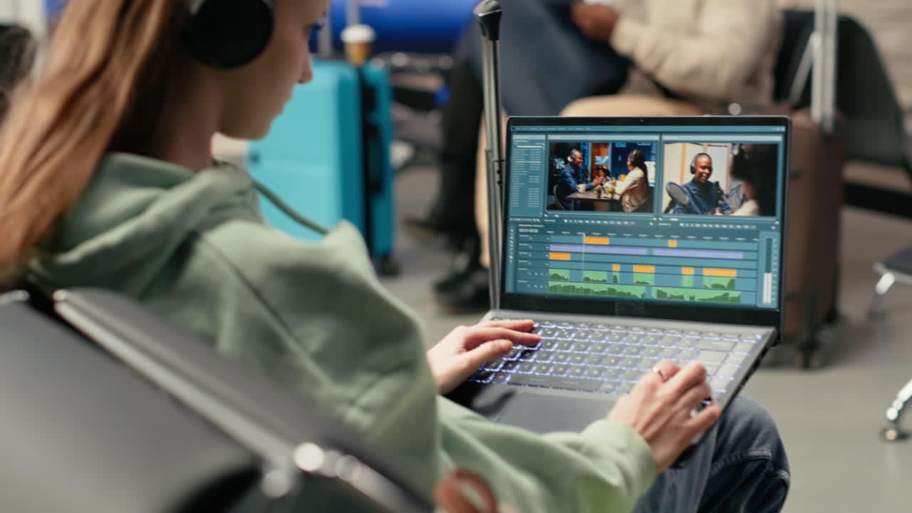 Giovane donna che modifica video su laptop nell'area di attesa dell'aeroporto