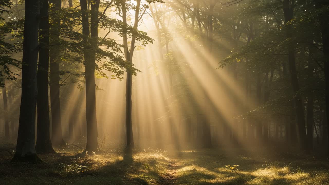 A Majestic Forest Landscape Illuminated by Sunlight Streaming Through Lush Green Trees, Creating a Breathtaking Atmosphere of Peace and Serenity