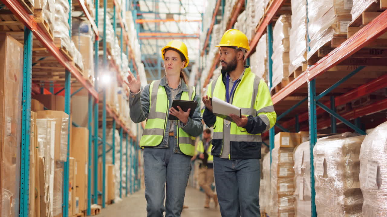 trabajadores del almacén discutiendo el inventario