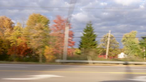 footage of countless trees from car during autumn in residential area, cloudy sky, ohio