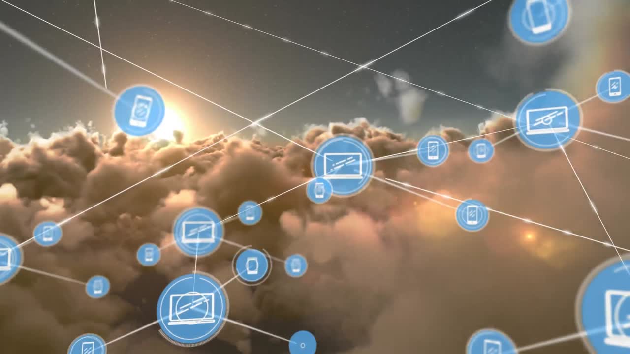 Animation of network of connections of icons with laptops and smartphones over clouds