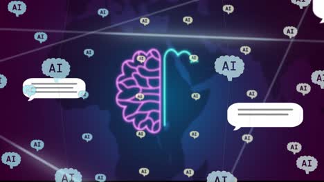 Animación-Del-Chat-De-IA-Y-Procesamiento-De-Datos-Sobre-El-Fondo-Del-Mapa-Mundial