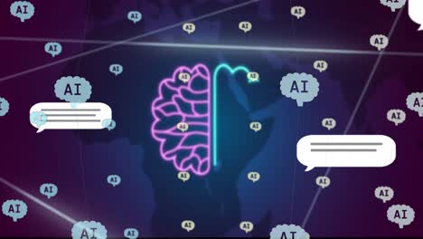 animación de un chat y procesamiento de datos sobre el fondo del mapa del mundo