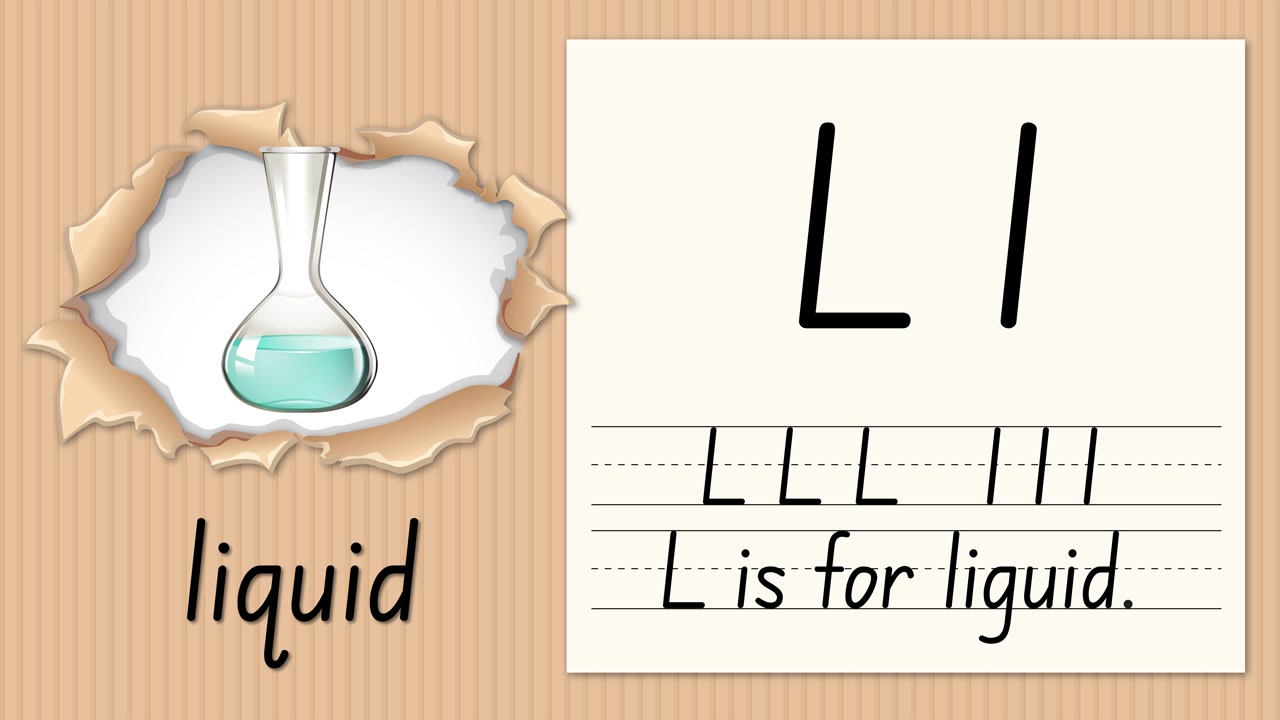 Video educativo animato che dimostra come scrivere la lettera L usando un'illustrazione di una fiaschetta di liquido e carta.