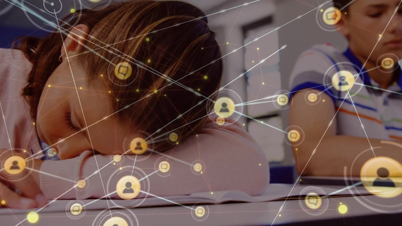 Global networking and education depicted through animated connection icons.
