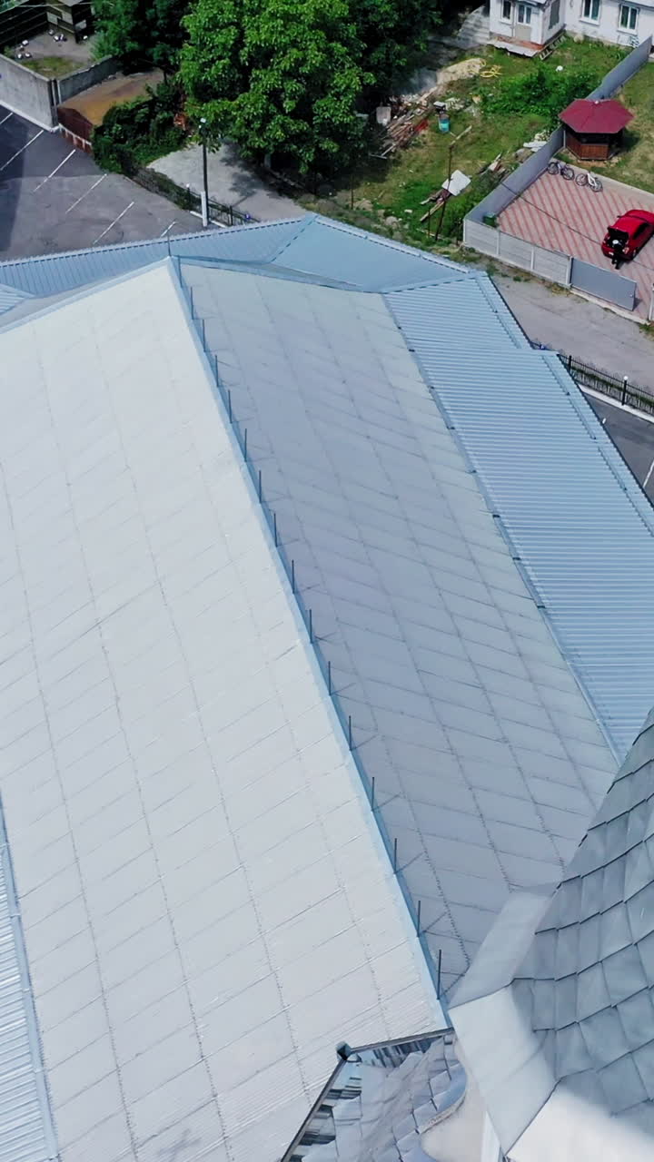 Top down view of church. Aerial view of country landscape with church spire