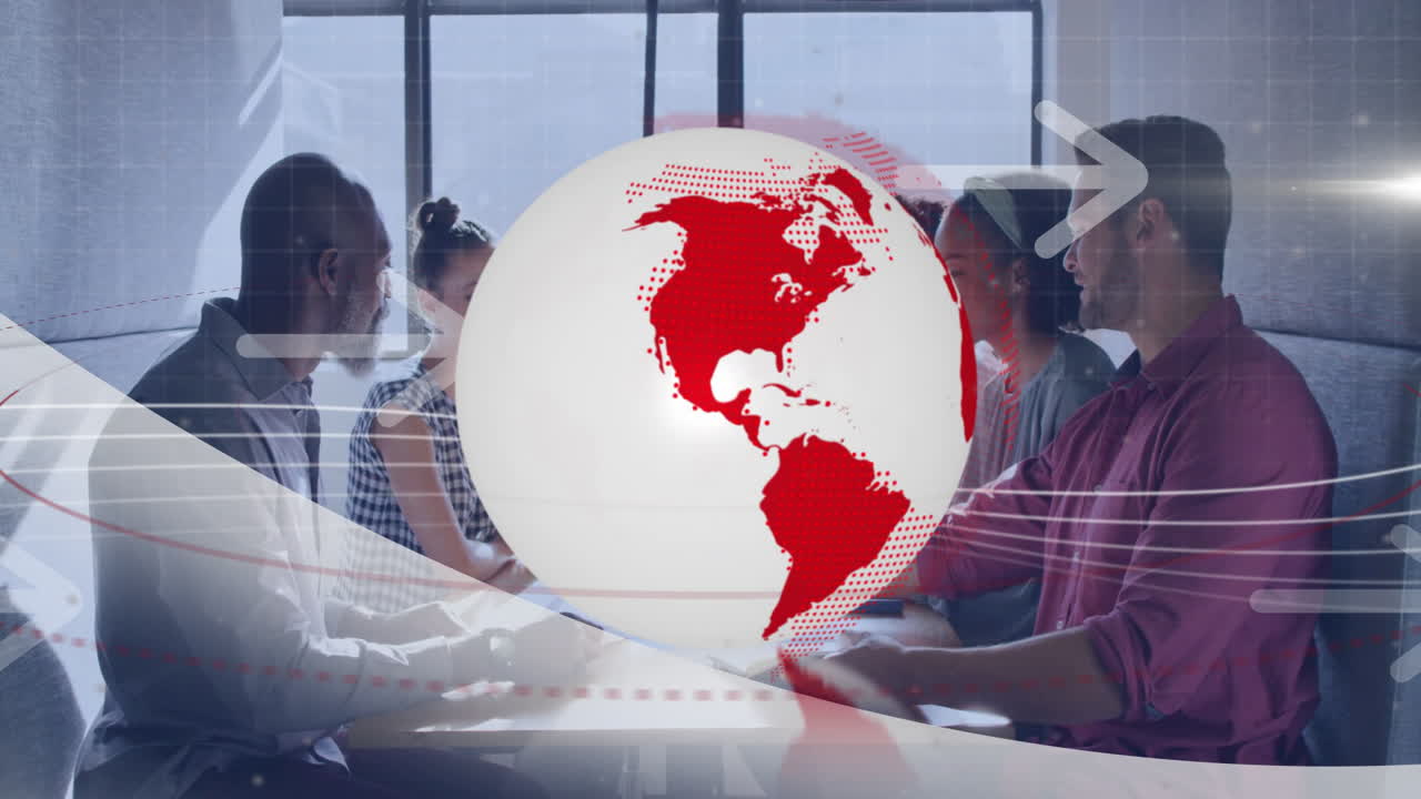 Business meeting with digital globe and arrows animation overlaying scene