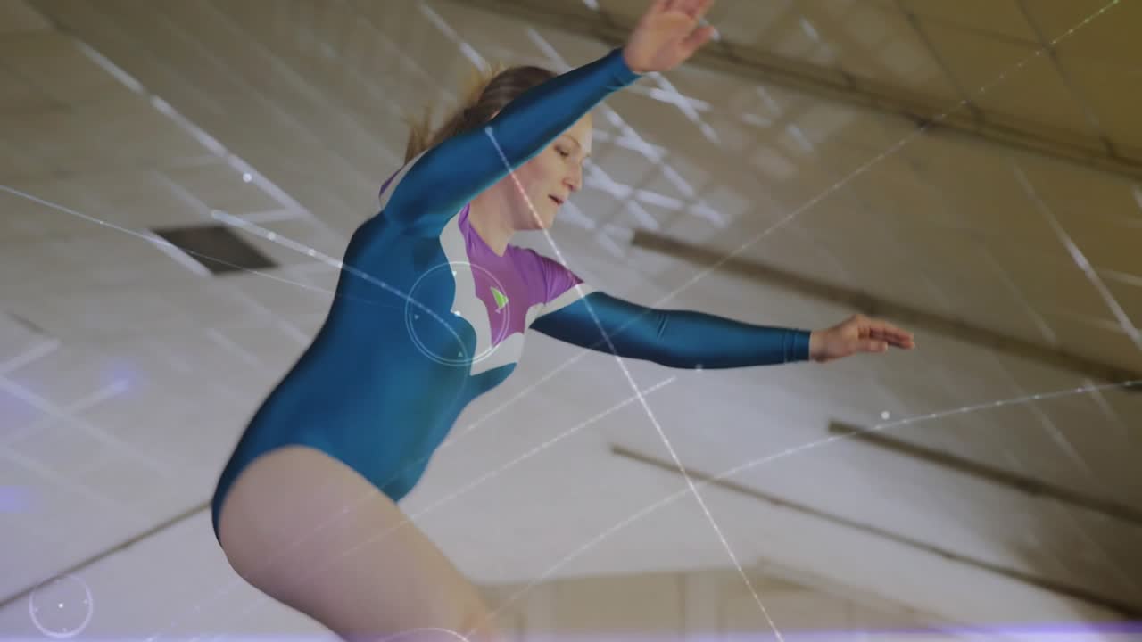 Gymnast stepping onto beam initiating split leap while overlay tracing path in gymnastics training