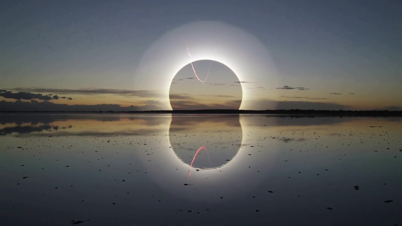 Appearing bright ring above horizon forming halo and sending arcs to shallow water, reflecting