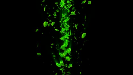 vortex from green leaves. spiral shiny particle of seasonal leaves. dancing leaf. colorful nature tunnel loop animation.