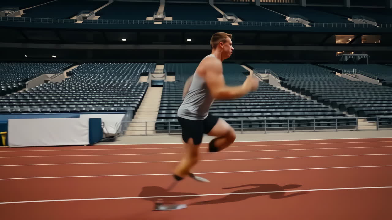 Athlete with Prosthetic Running Blades on a Stadium Track