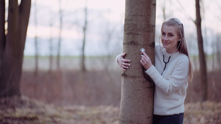 Donna usa uno stetoscopio ed esamina un albero nella foresta 5