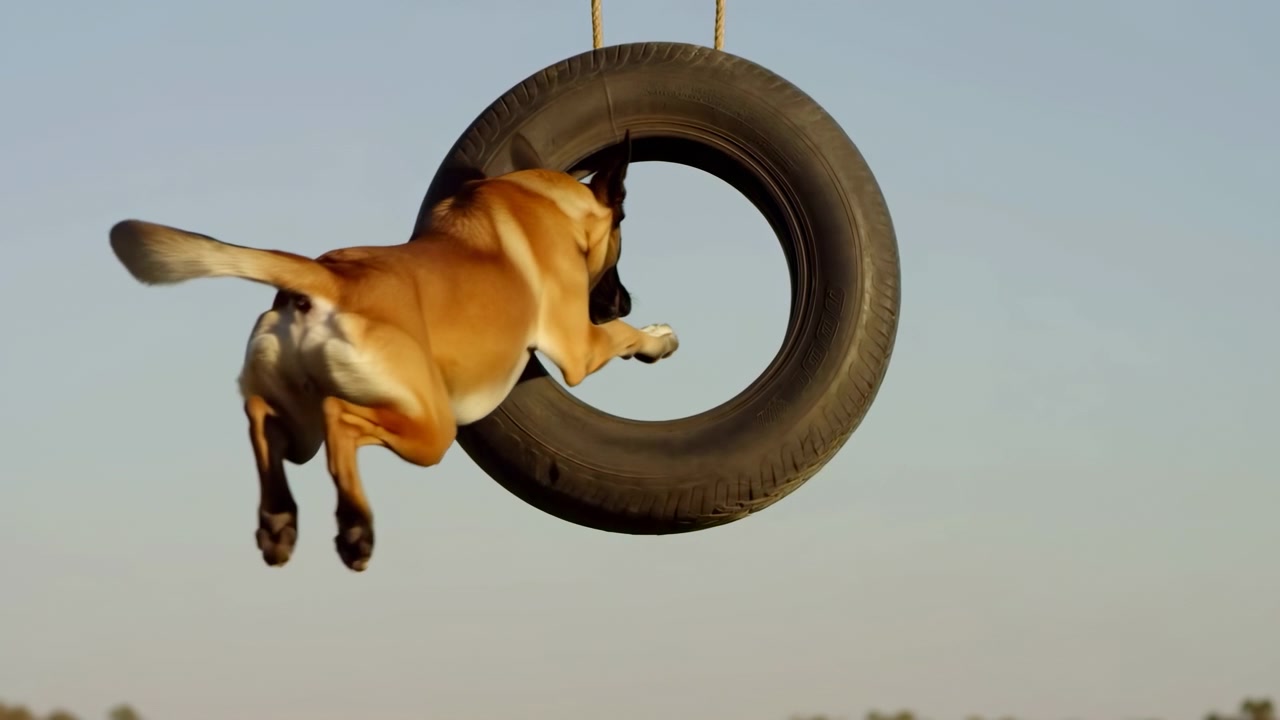 Un cane marrone sta sul lato sinistro di un'area aperta e soleggiata e guarda verso un pneumatico sospeso appeso vicino al centro contro un cielo azzurro limpido.