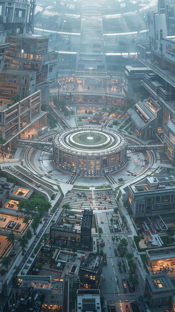 Vertical video: Camera moving down and forward revealing circular pavilion in hub emphasizing paths