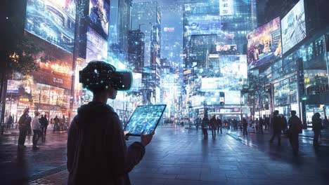 person experiencing vr in a futuristic city