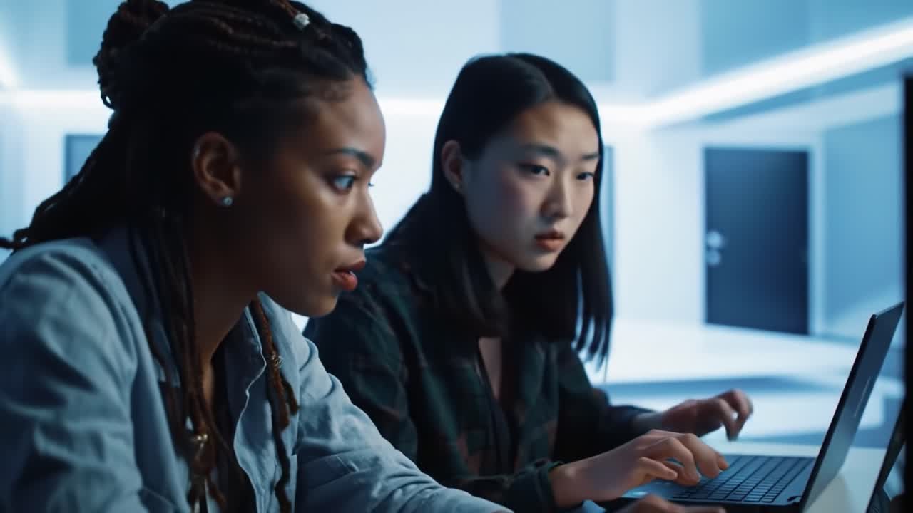 Focused Collaboration: Two Women Engaged in Intense Digital Work in a Modern, Tech-Driven Environment Highlighting Concentration and Teamwork