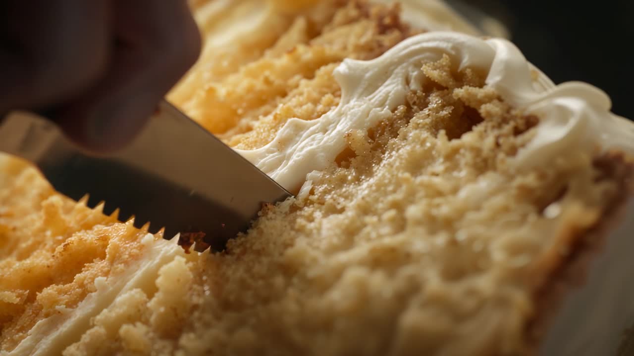 Contacting serrated knife tip, hand sawing and cutting layered frosted cake on table, serving