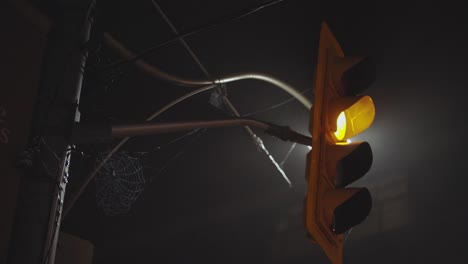 semáforos con telaraña cambiando de color por la noche