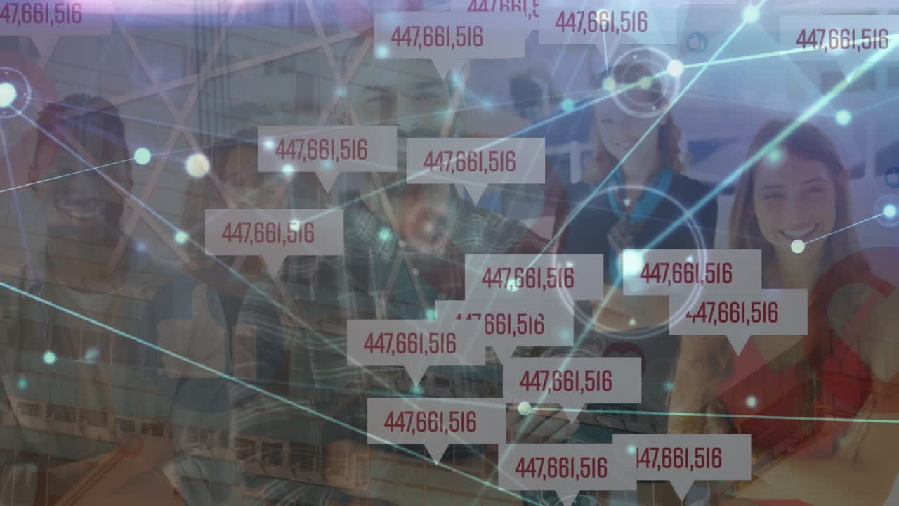 사업가들의 애니메이션과 연결 네트워크를 통해 바뀌는 숫자