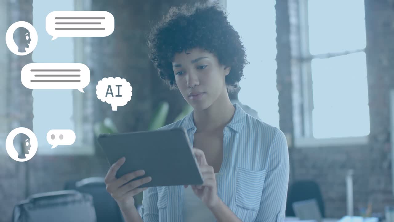 Animation of ai chat over biracial businesswoman using tablet in office