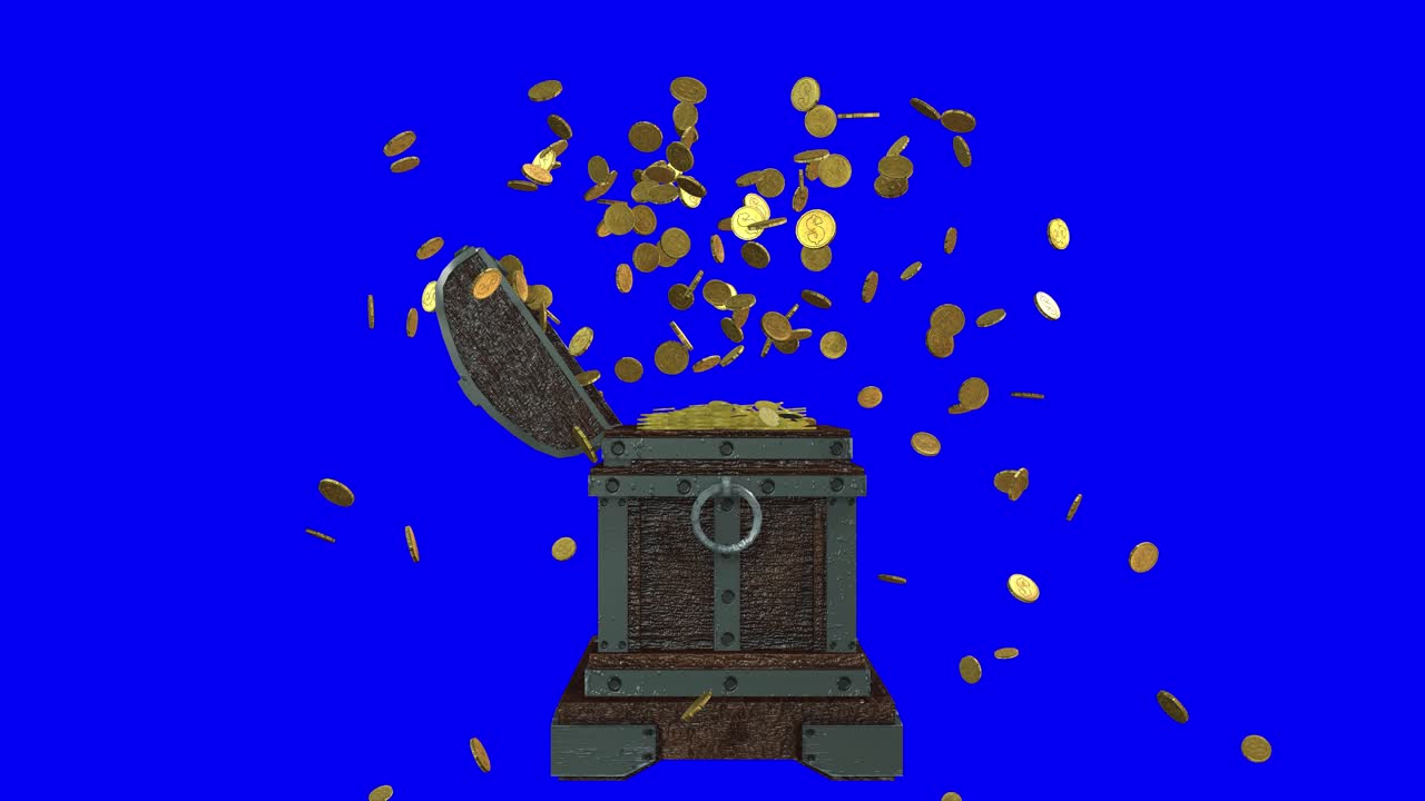 Glowing gold coins thrown out of a treasure chest and falling on blue screen 3D animation, side view