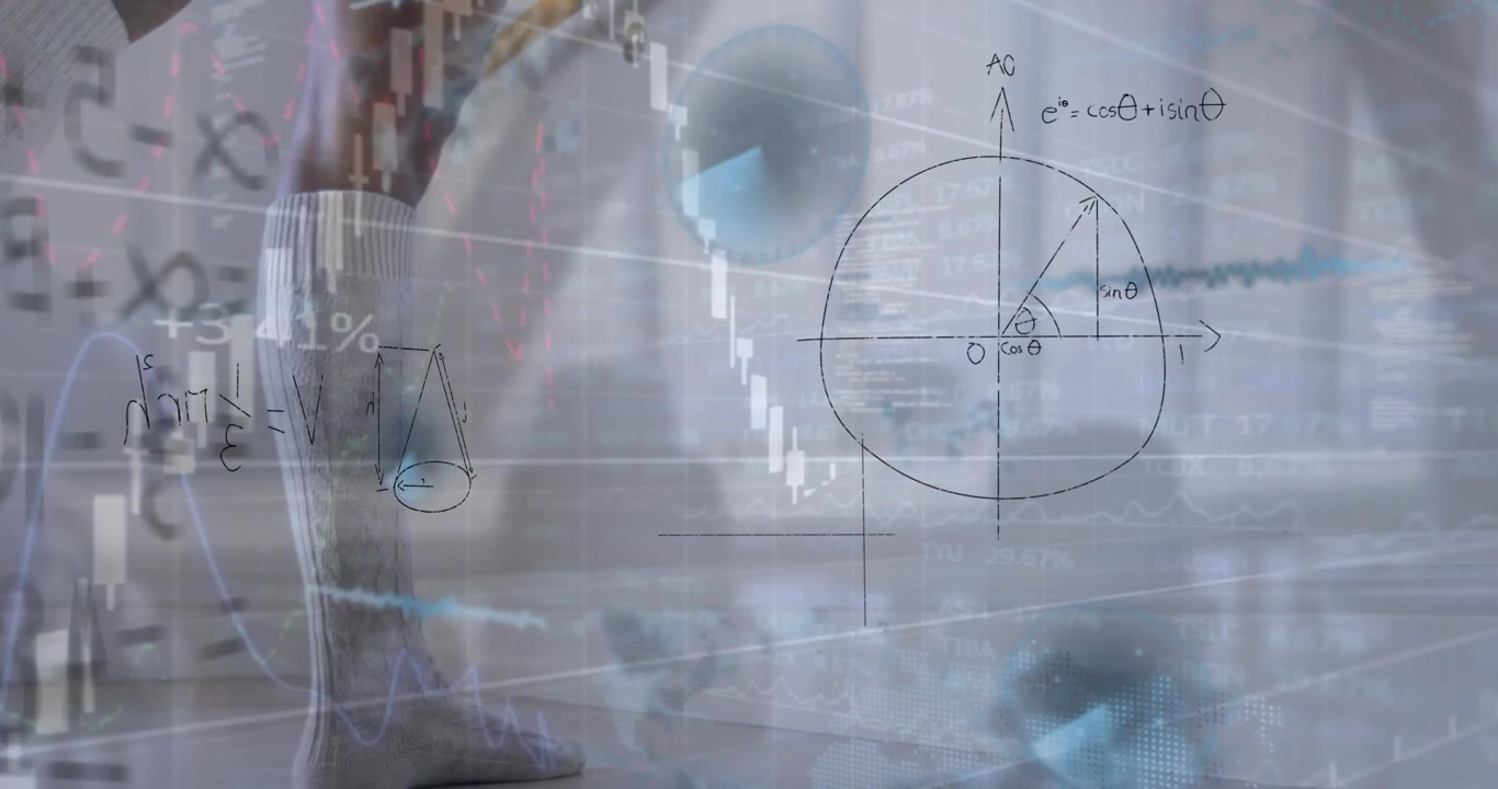 Animation of mathematical equations and data processing over woman dancing