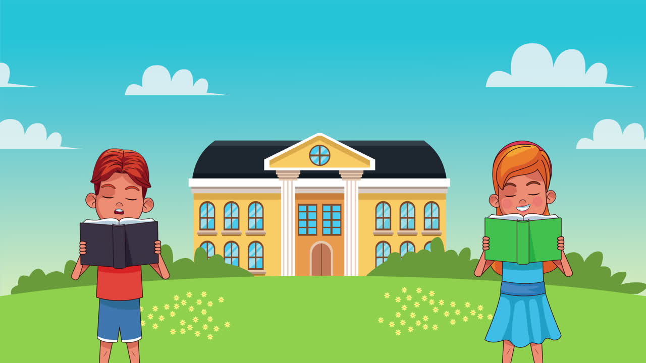 학교에서 책을 읽는 어린 학생 애니메이션 캐릭터