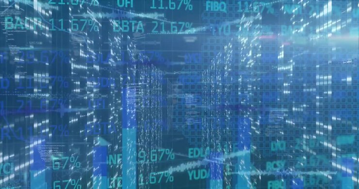 Animation of stock market data processing over screens of mosaic squares against blue background