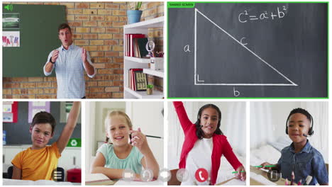 animation of six screens of diverse children, teacher and chalkboard during online maths lesson