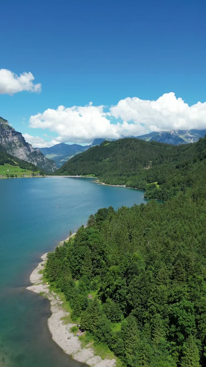 Klöntalersee søen i Klöntal-dalen, luftfoto med drone af Glarner Alperne, Schweiz, natur, vertikal video.