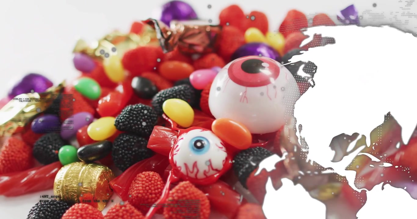 On emerging right, globe silhouette sweeping across colorful candies, sliding off, revealing sweets
