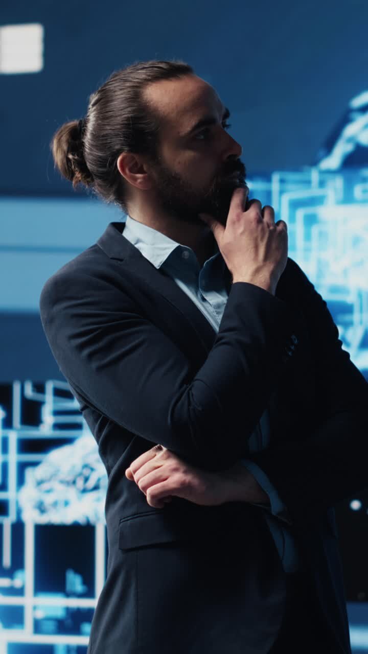 Vertical Video Professional leader looking around at AI neural networks system