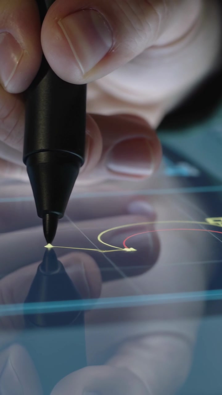 Vertical video: Tapping stylus tip making yellow dot hand drawing arrow on tab at desk with guides