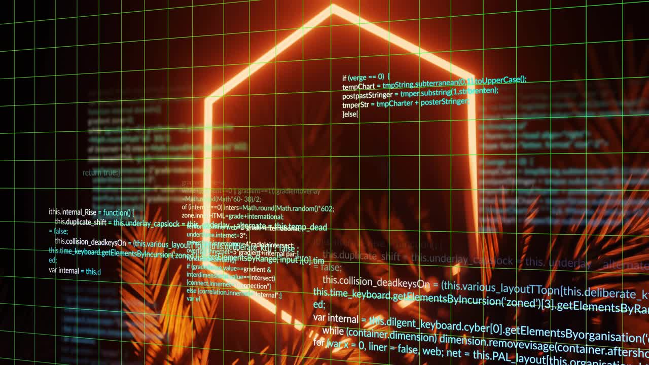 Glødende orange sekskant dannes efter gitterpuls, trækker kode og oplyser palmegrene for at vise data
