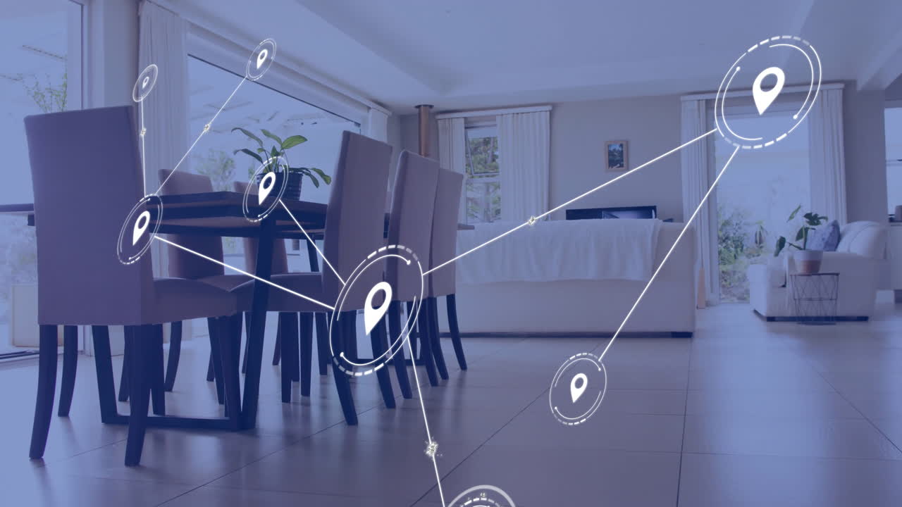 animación de la red de conexiones con iconos sobre el interior de la casa