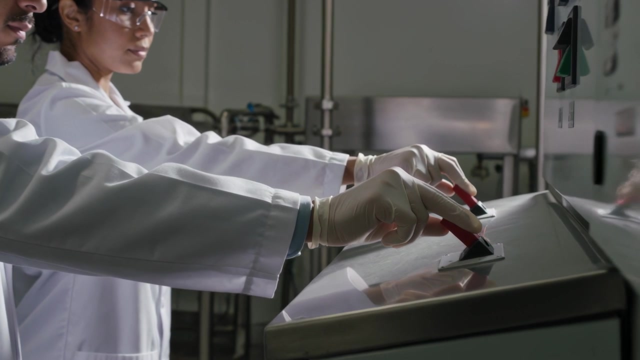Receiving start signal, two lab techs in coats, gloves operating steel console pressing red toggles