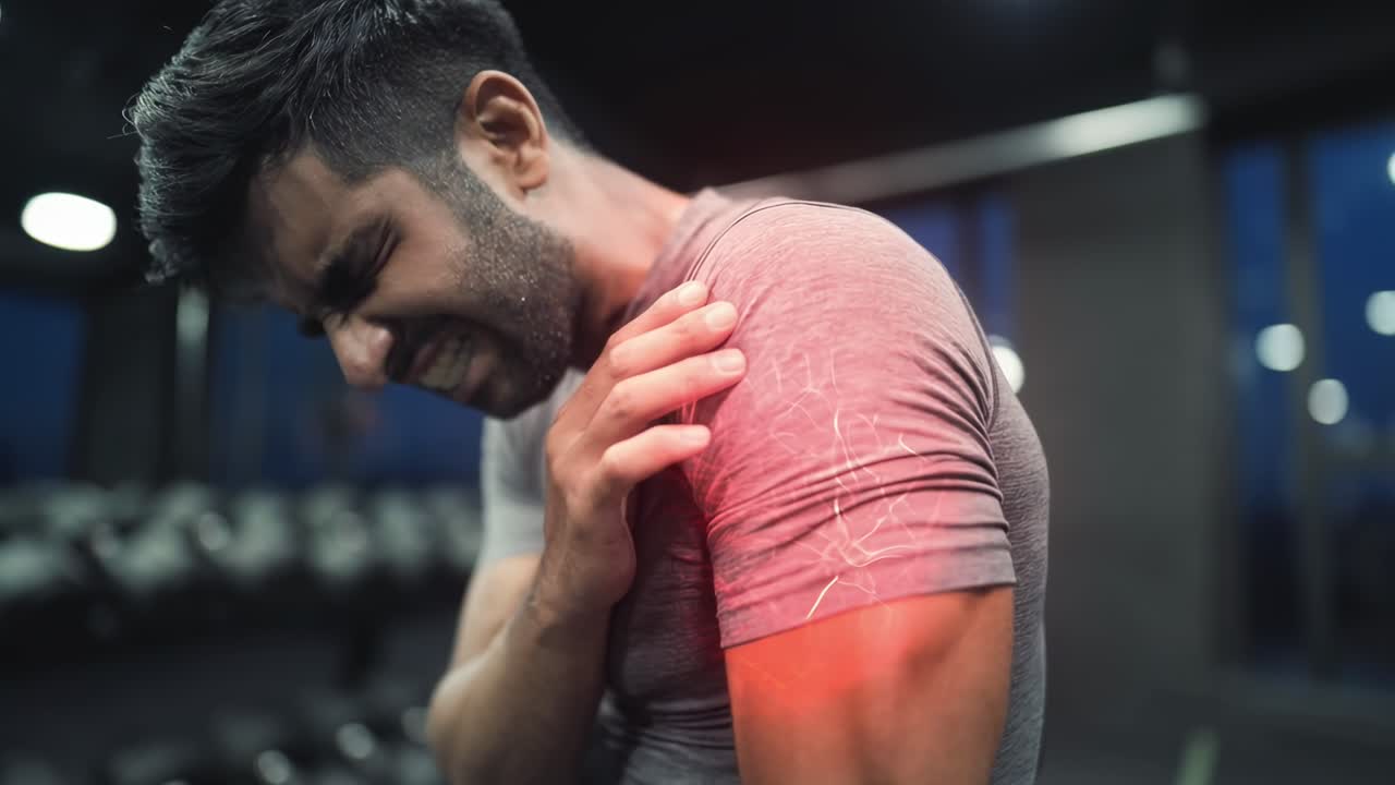 Ripresa video ravvicinata di un uomo in palestra che si tiene la spalla per il dolore, con un'illuminazione drammatica.