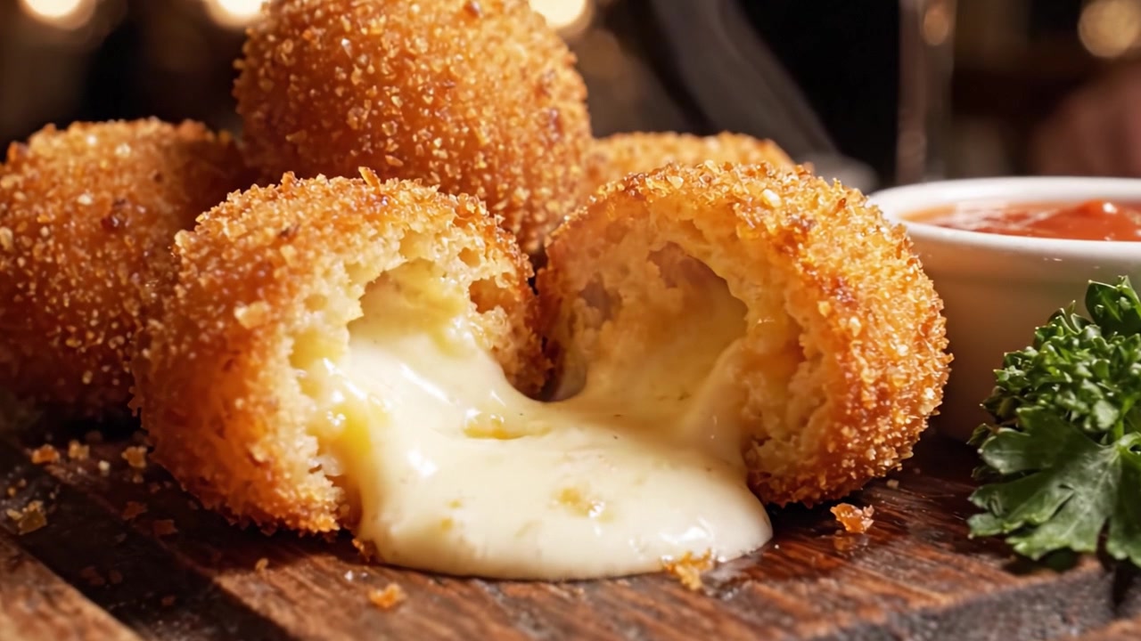Mouthwatering Cheesy Delight: Crispy Golden Balls Filled with Creamy Cheese, Perfectly Accompanied by Tangy Marinara Sauce and Fresh Herbs
