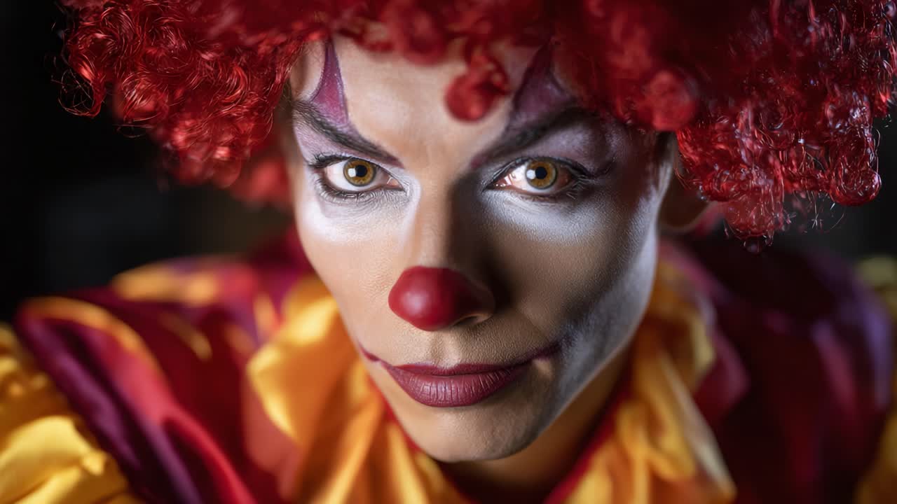 Captivating Clown Portrait with Vibrant Red Wig and Bold Makeup, Showcasing Expressive Eyes and Playful Attire in a Dramatic Close-Up Setting