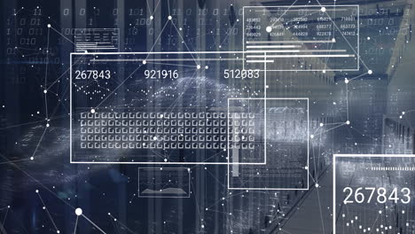 Animation of interface with data processing and network of connections against computer server room
