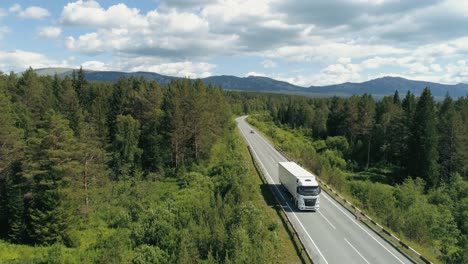 truck driving through forest landscape on highway