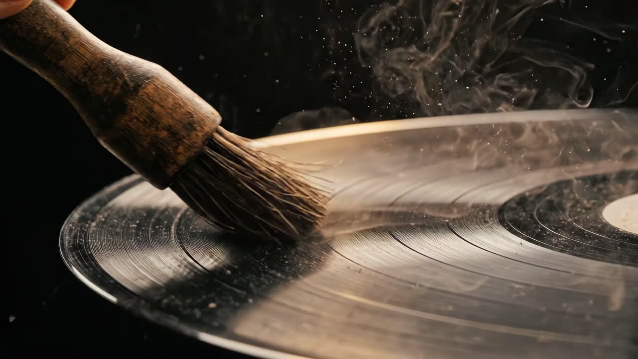 Close-up of Hand Cleaning Dust from a Vinyl Record with a Brush