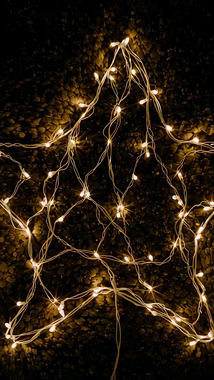 Vertical video: Moving camera reframing on gravel with wires, warm LED lights to show bulb nodes