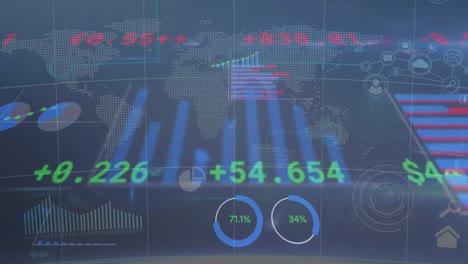 Animation-of-financial-data-processing-over-world-map-on-blue-background