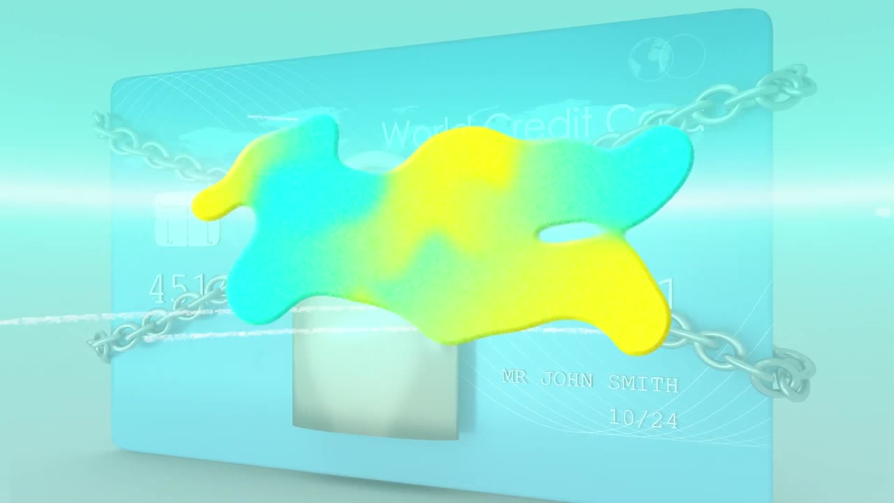 다채로운 얼룩의 애니메이션과 체인과  ⁇ 락이 있는 은행 카드에 대한 데이터 처리