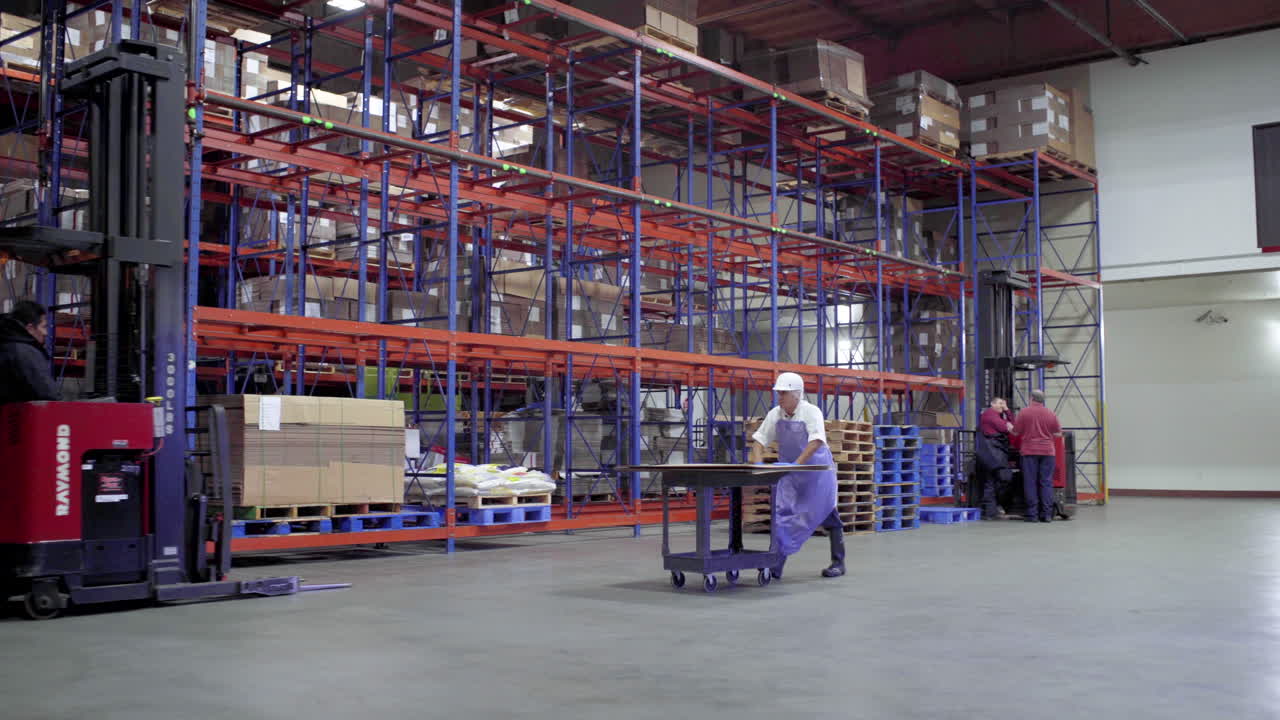 Workers in a warehouse using a forklift and moving goods