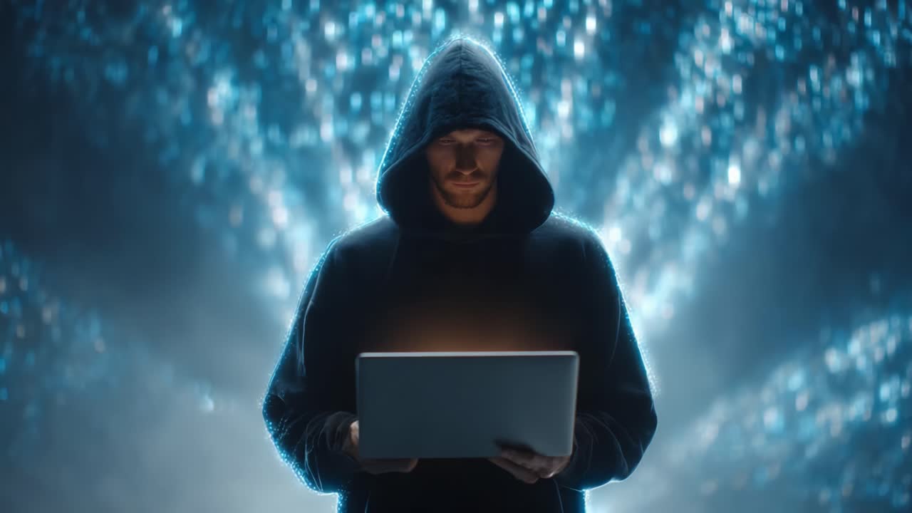 A mysterious figure in a dark hoodie focuses intently on a glowing laptop, surrounded by a dynamic digital backdrop of shimmering lights, evoking an atmosphere of secrecy and technology