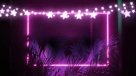 animación de luces de cadena de estrellas y rectángulo de neón rosa, con hojas de palma en fondo negro