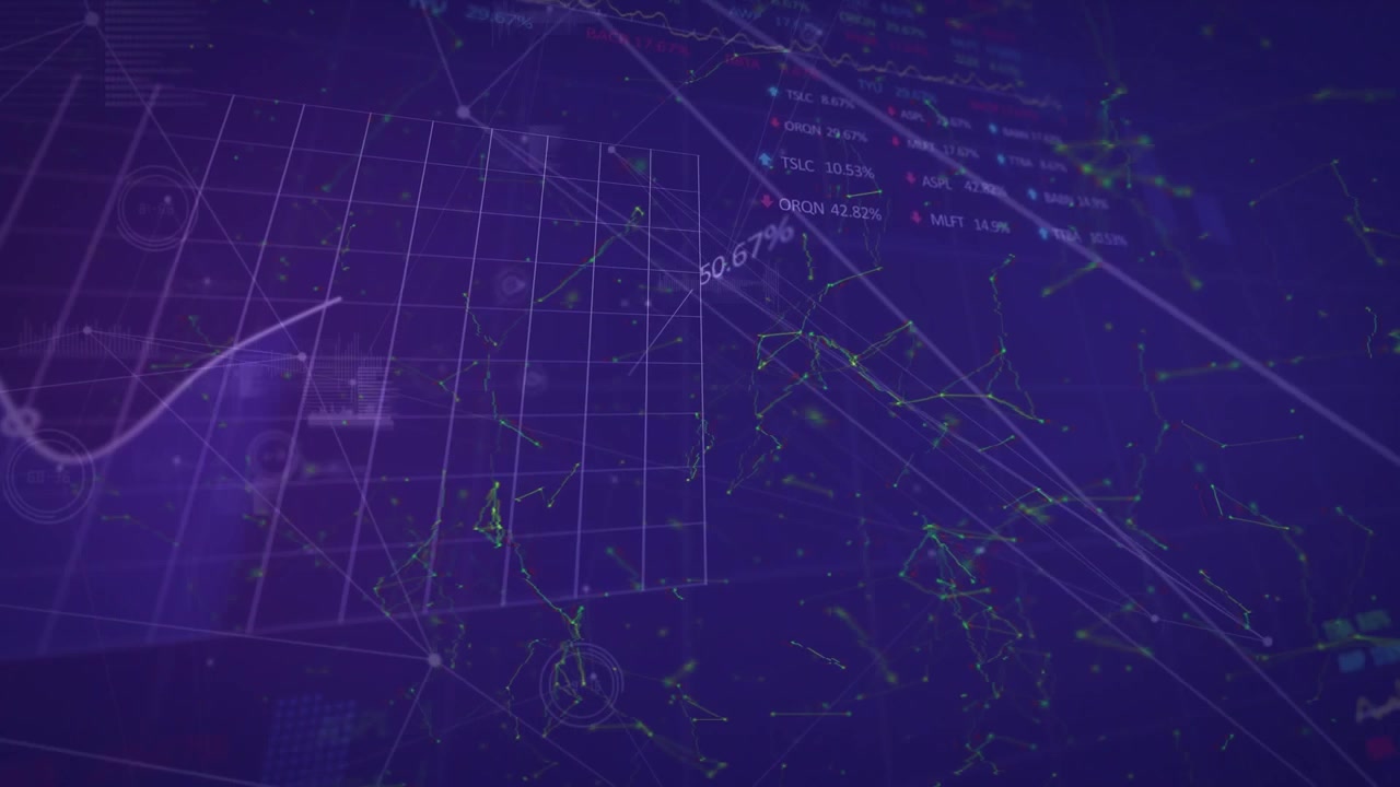 Animation of data processing and network of connections over blue background
