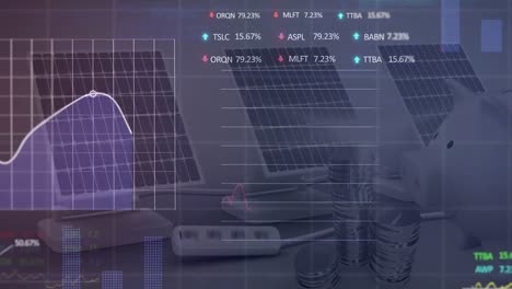 Animation-of-graphs-and-trading-boards-over-piggy-bank-with-coins-and-solar-panels